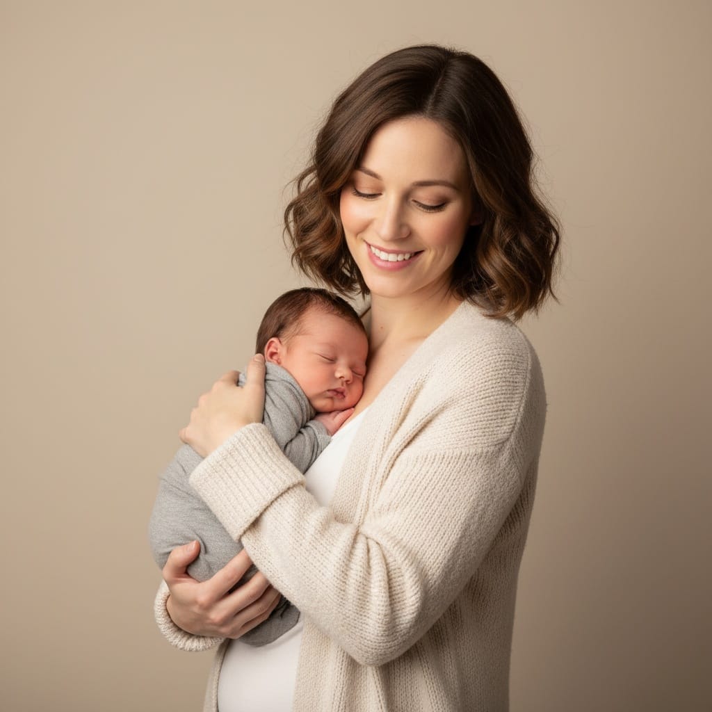 petite white woman newborn in arms standing portrait 16509203