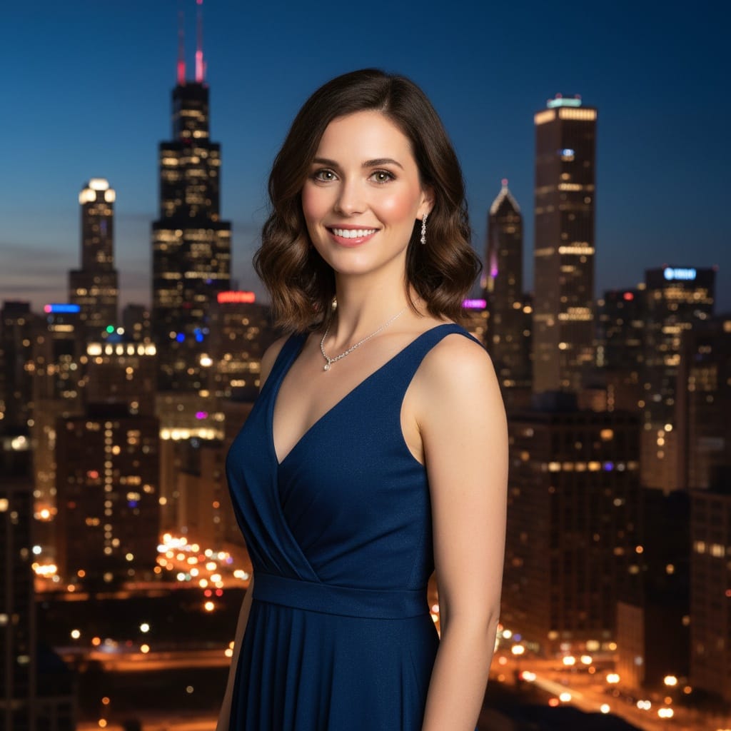 petite white woman night skyline illuminated backdrop 15832316