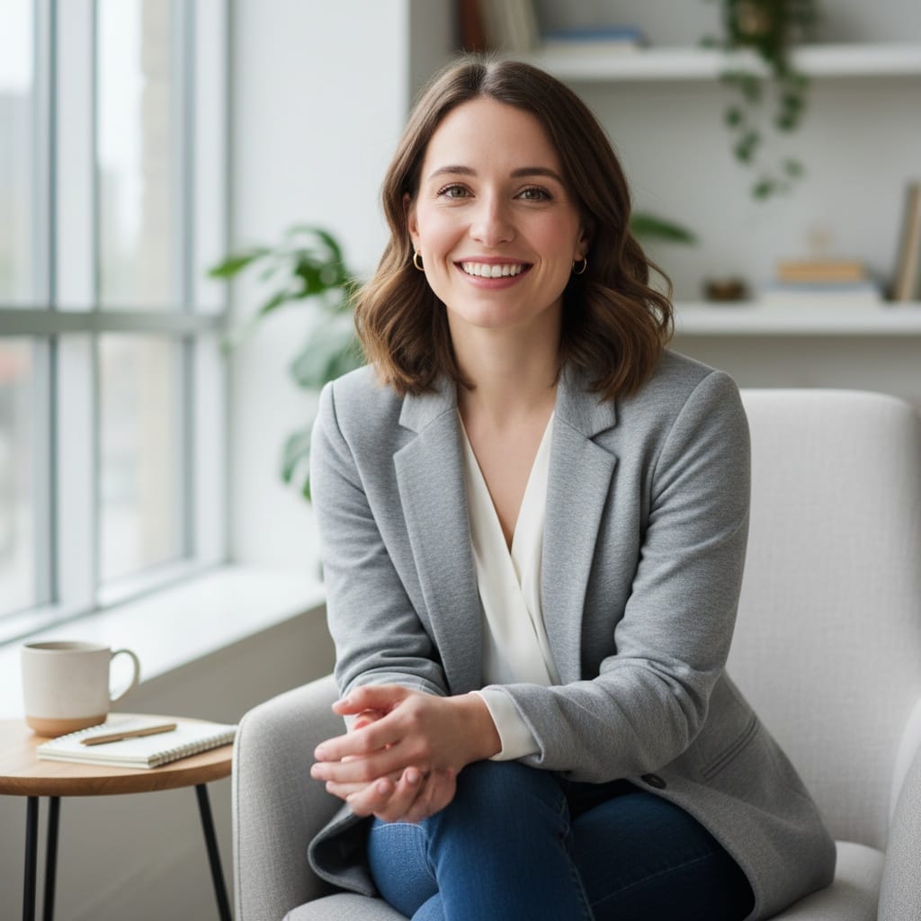 petite white woman relaxed sitting consultation pose 16118401
