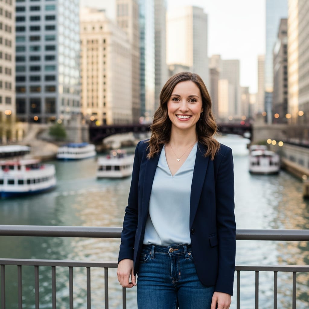 petite white woman riverwalk architectural background 57076283