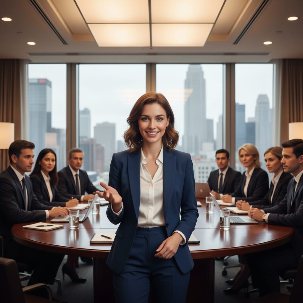 petite white woman roundtable wide establishing shot 24367697