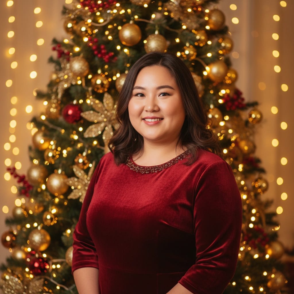 plus_size asian woman classic christmas tree portrait 14019058
