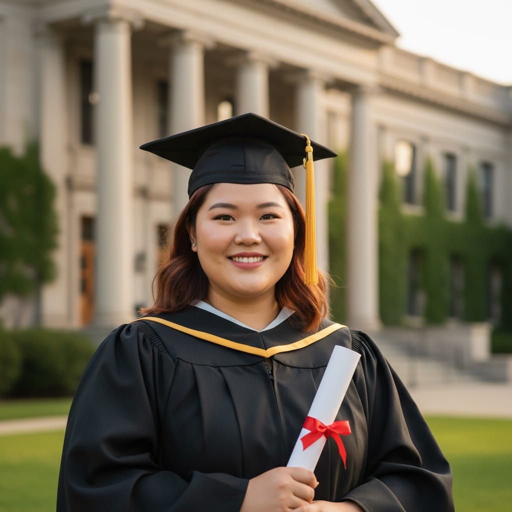plus_size asian woman classic outdoor campus portrait 12688033