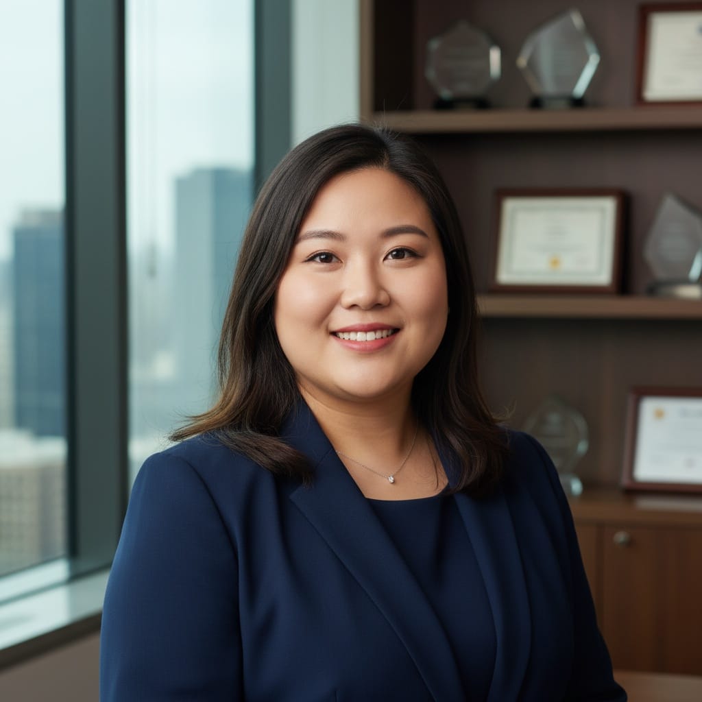 plus_size asian woman formal portrait office setting 60296488