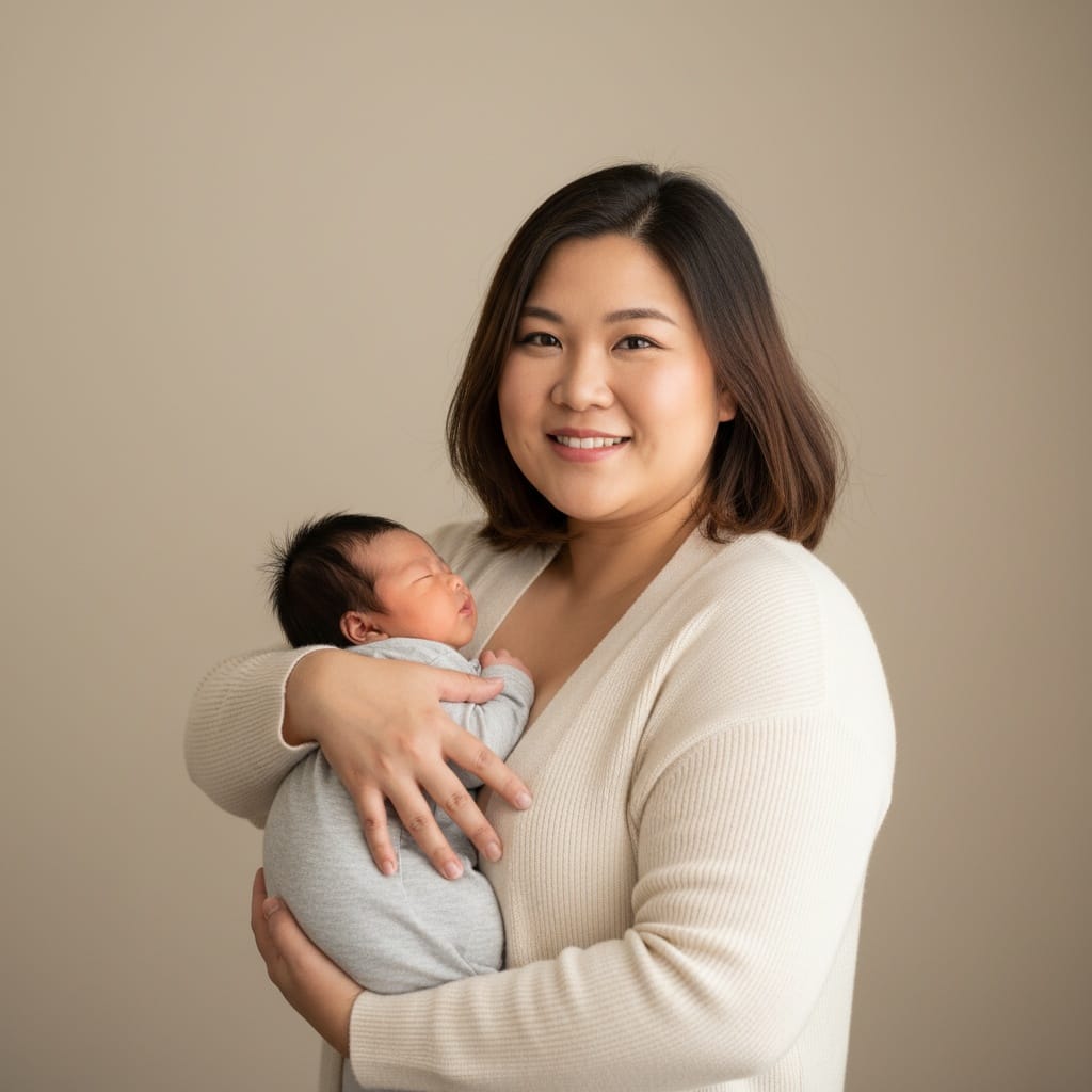 plus_size asian woman newborn in arms standing portrait 39408557