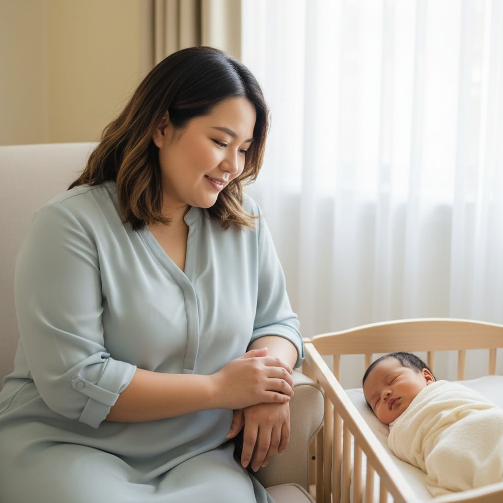 plus_size asian woman newborn sleeping parent watching 61270574