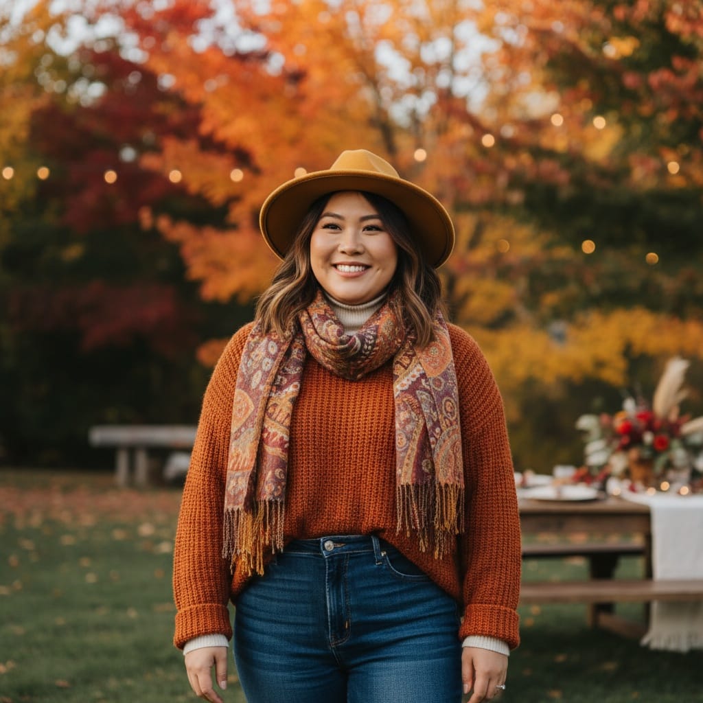 plus_size asian woman outdoor autumn family gathering 60336299