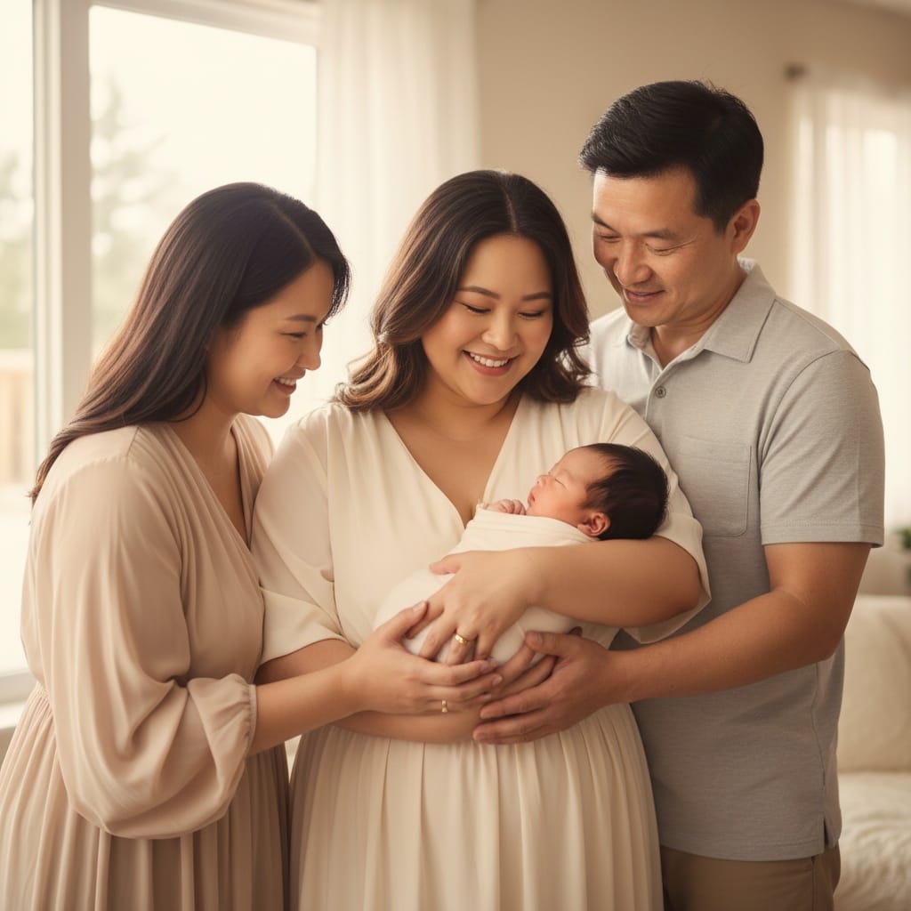 plus_size asian woman parents holding newborn together 99341595