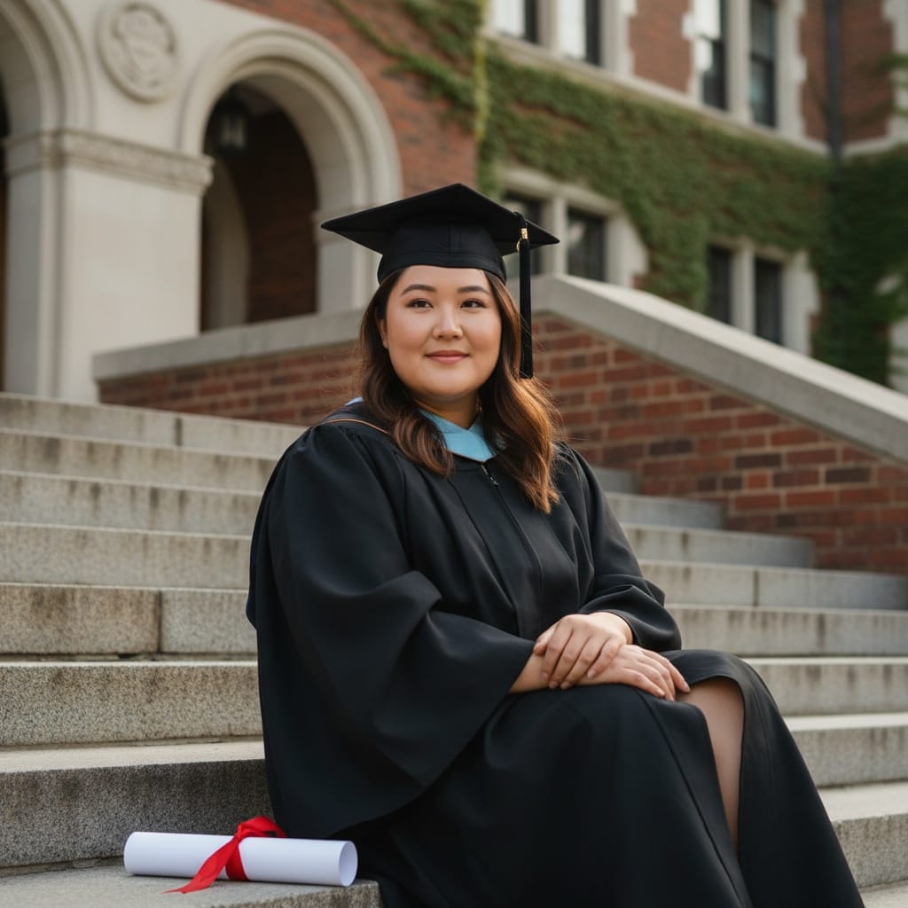 plus_size asian woman stairs contemplative achievement 63630305