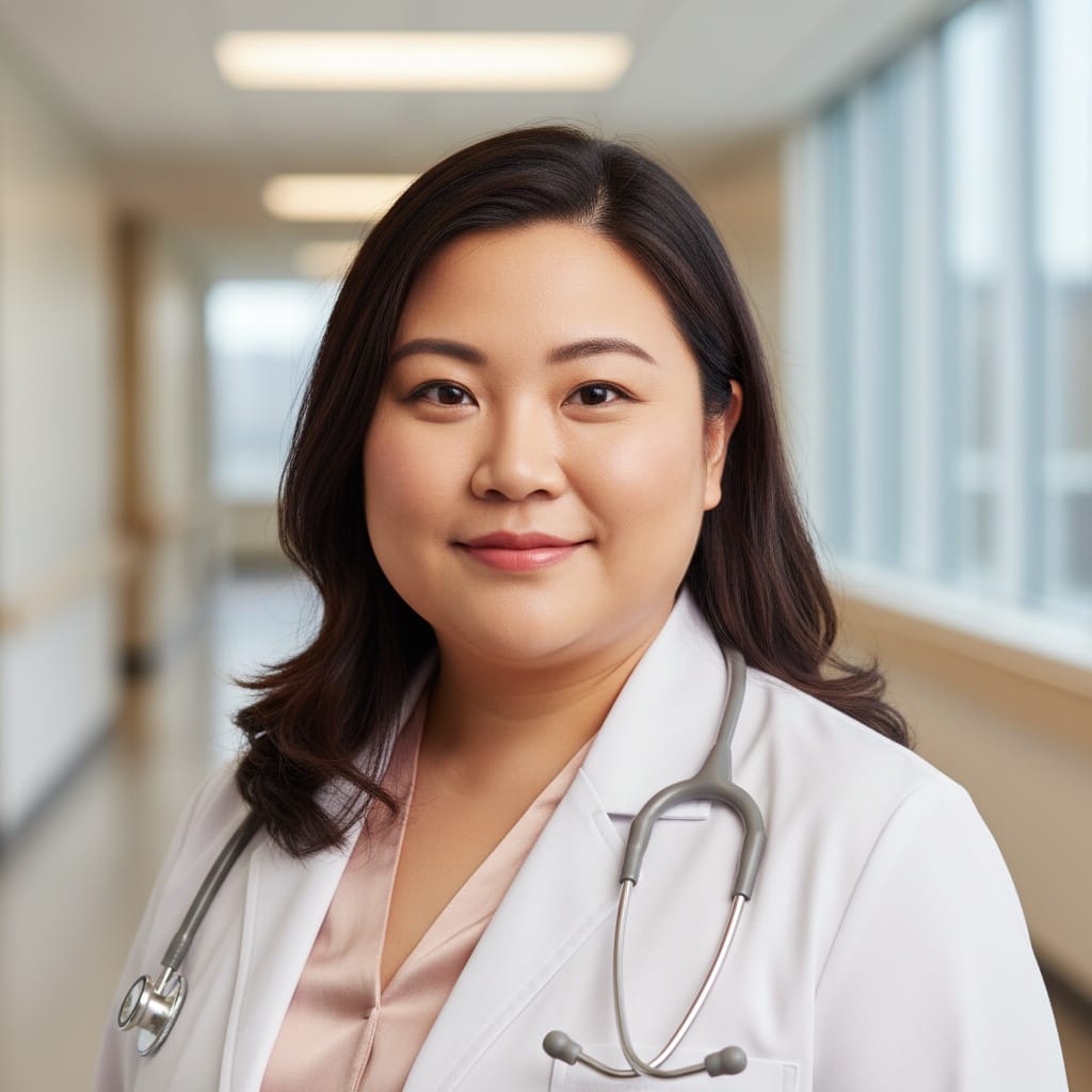 plus_size asian woman white coat hospital background 88244629