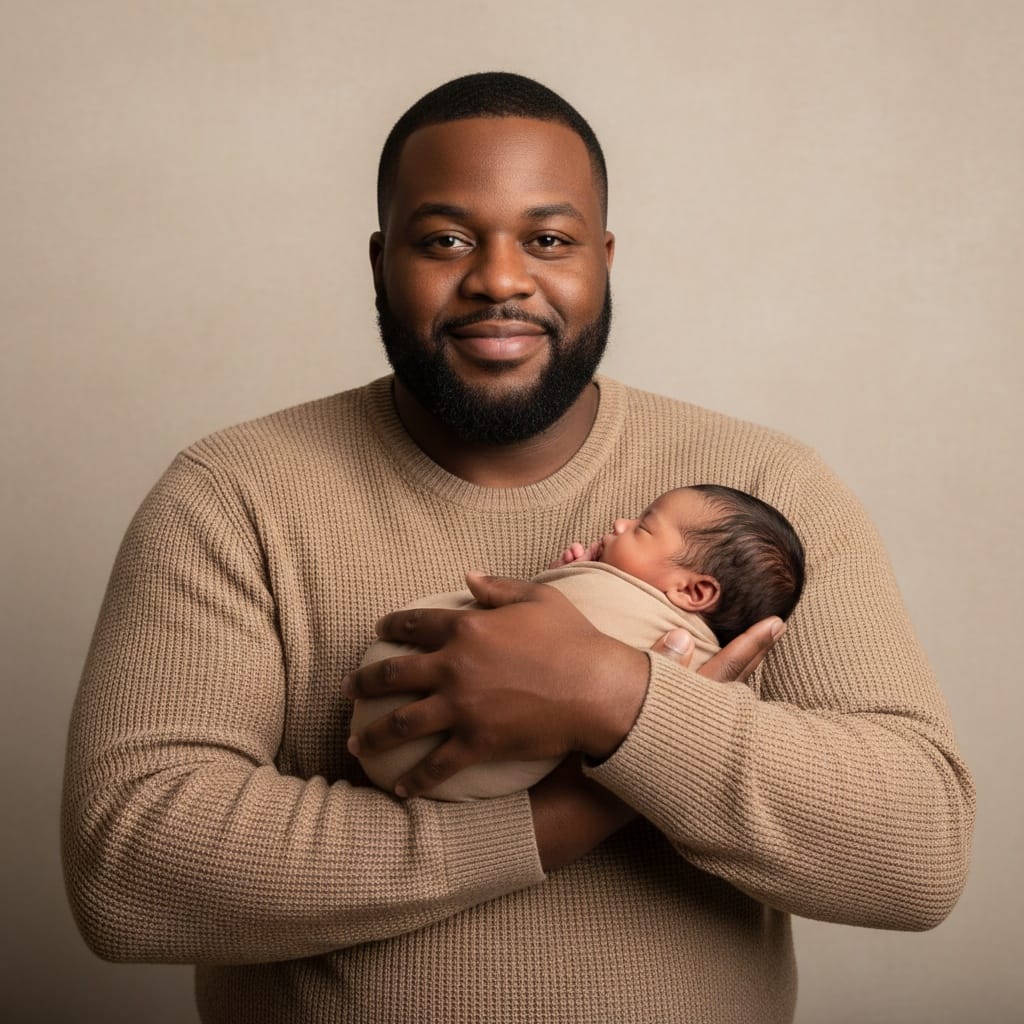 plus_size black man newborn in arms standing portrait 12537488