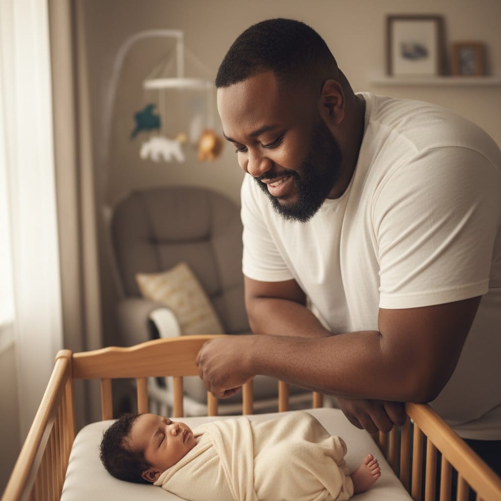 plus_size black man newborn sleeping parent watching 96770848