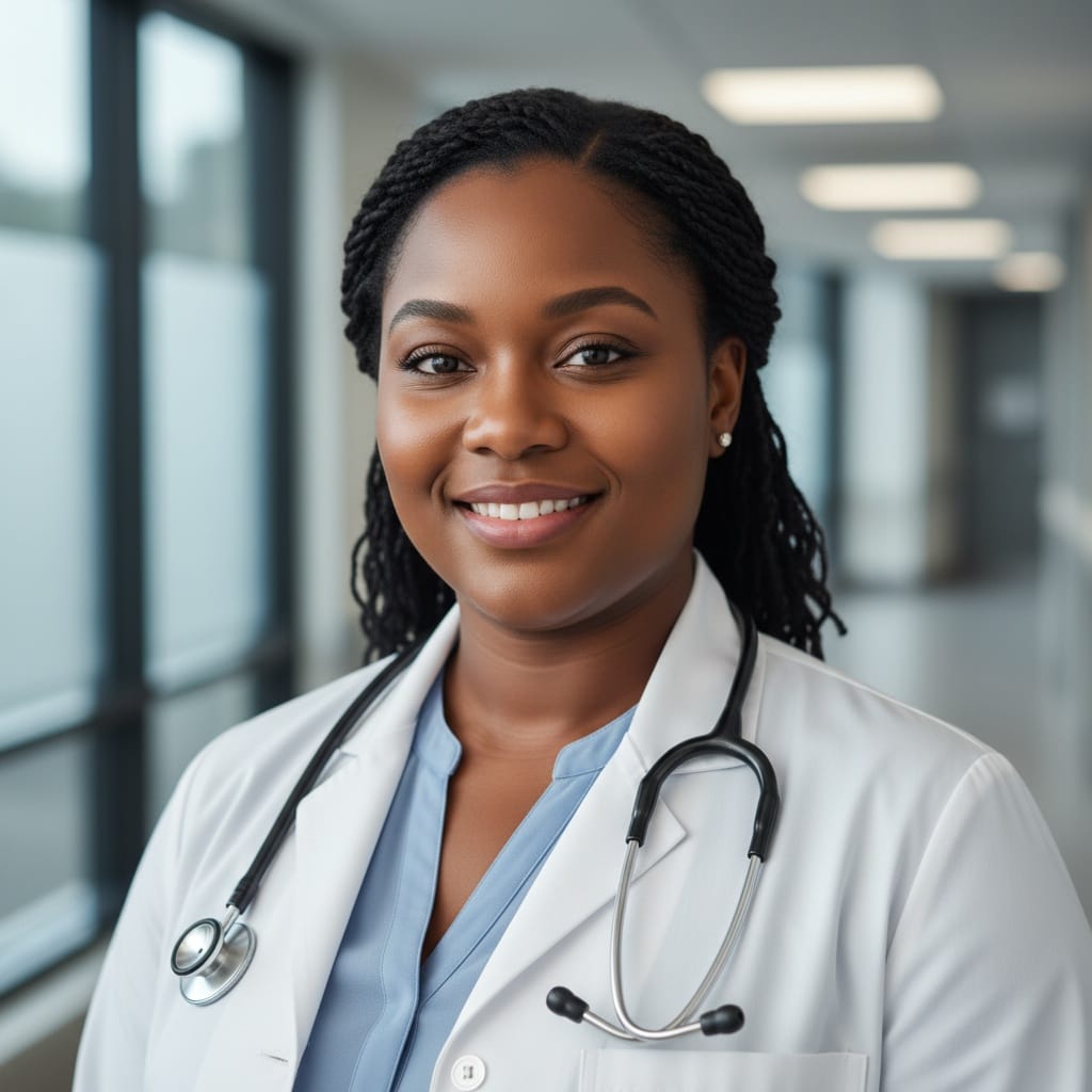 plus_size black woman white coat hospital background 49484758