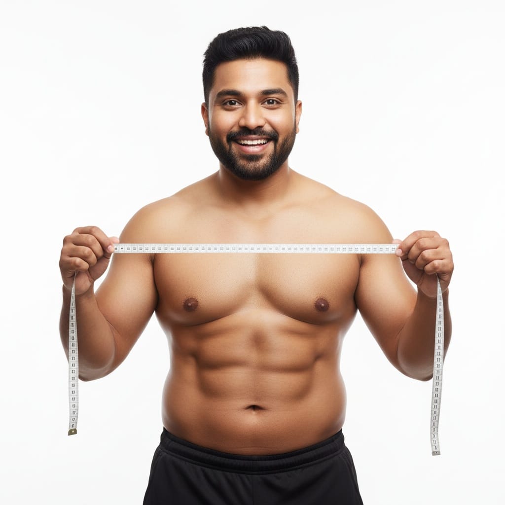 plus_size indian man after measuring celebrating results 44536104