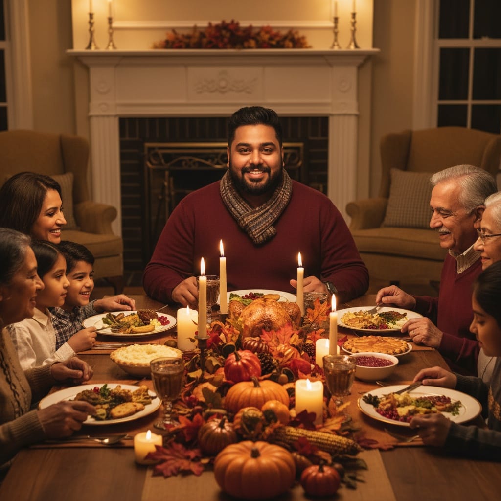 plus_size indian man dining table thanksgiving dinner 99824937