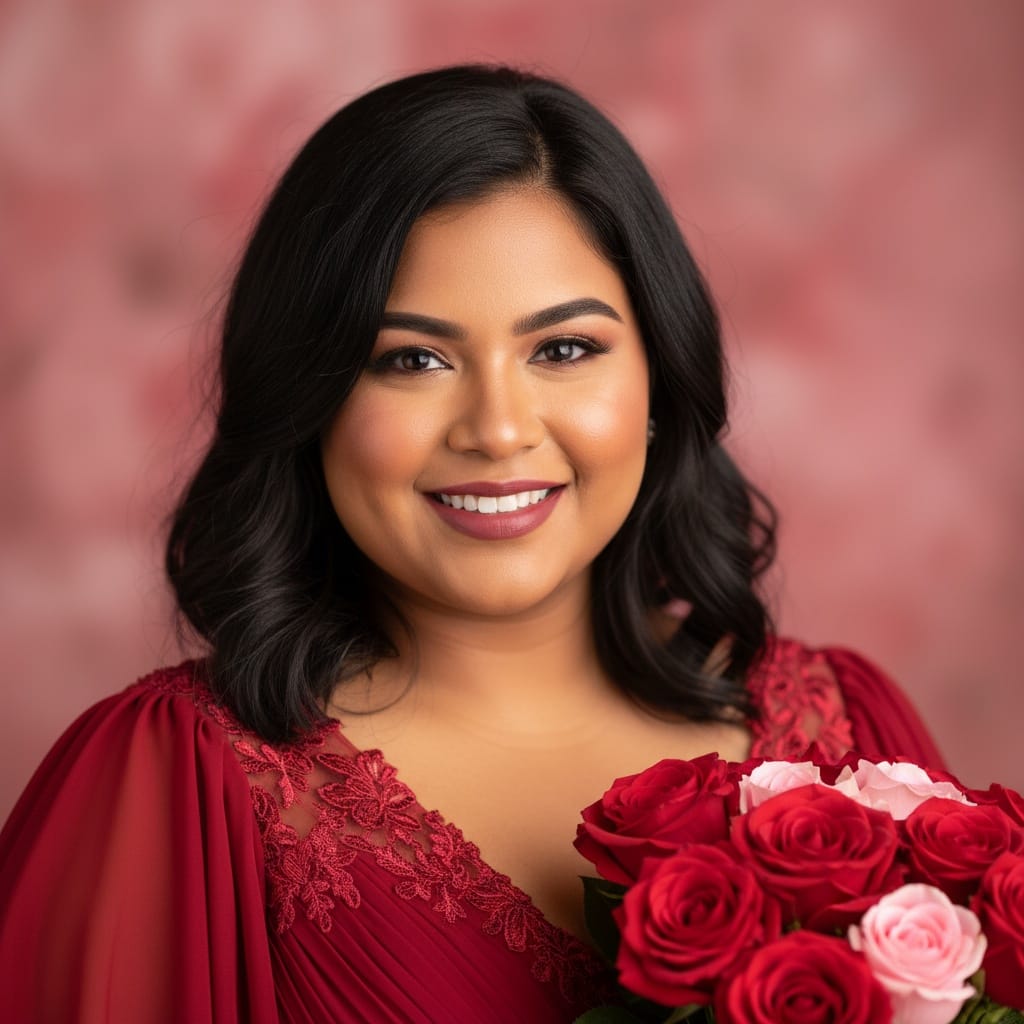 plus_size indian woman romantic rose bouquet portrait 66493836