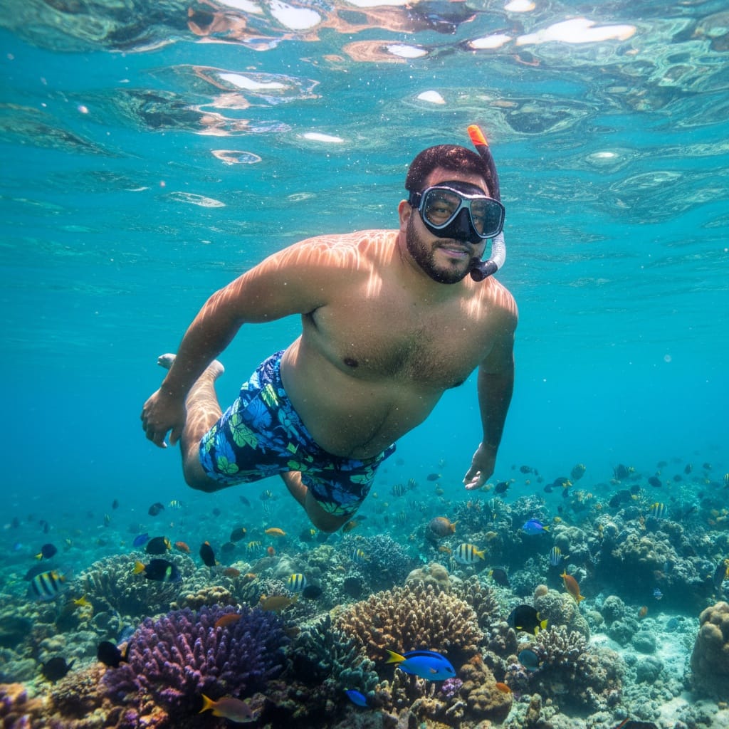plus_size latino man snorkeling adventure underwater 90894187