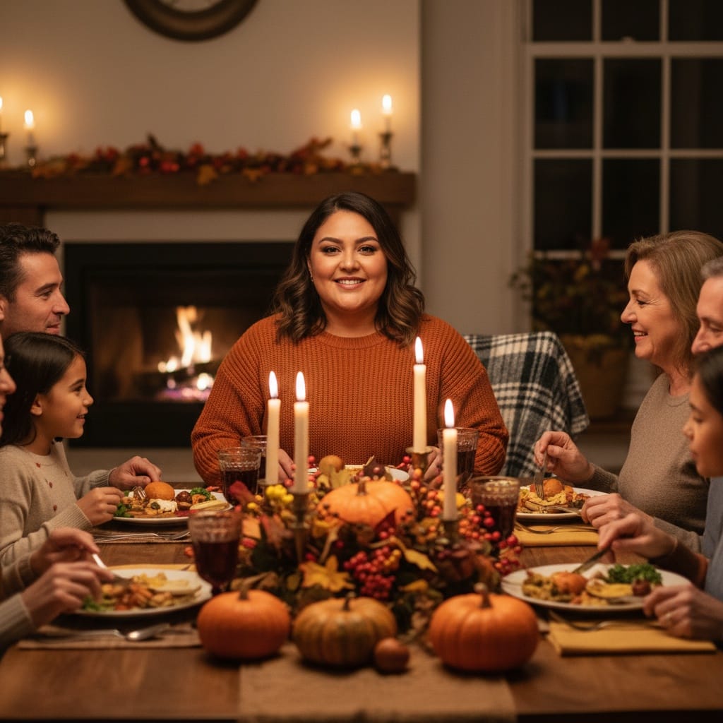 plus_size latino woman dining table thanksgiving dinner 90647708