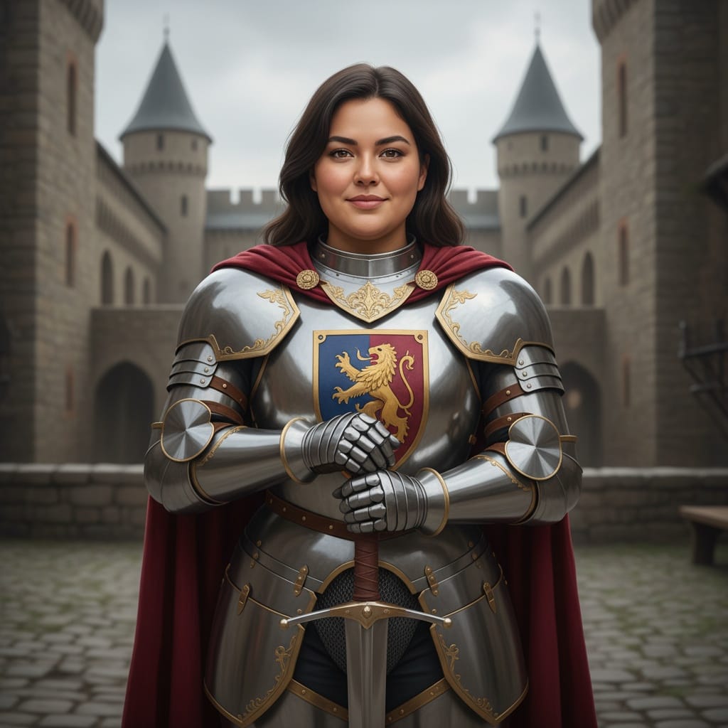 plus_size latino woman knight armor castle courtyard 28686276