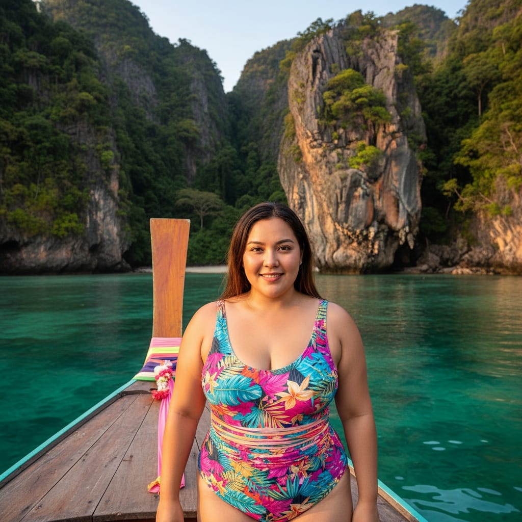 plus_size latino woman limestone cliffs longtail boat 22621877