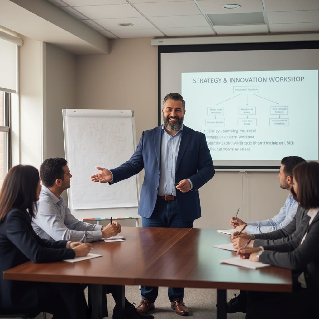 plus_size middle_eastern man breakout session presenting 84940035