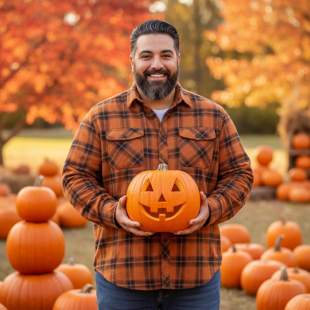 plus_size middle_eastern man cute pumpkin patch casual 32468049