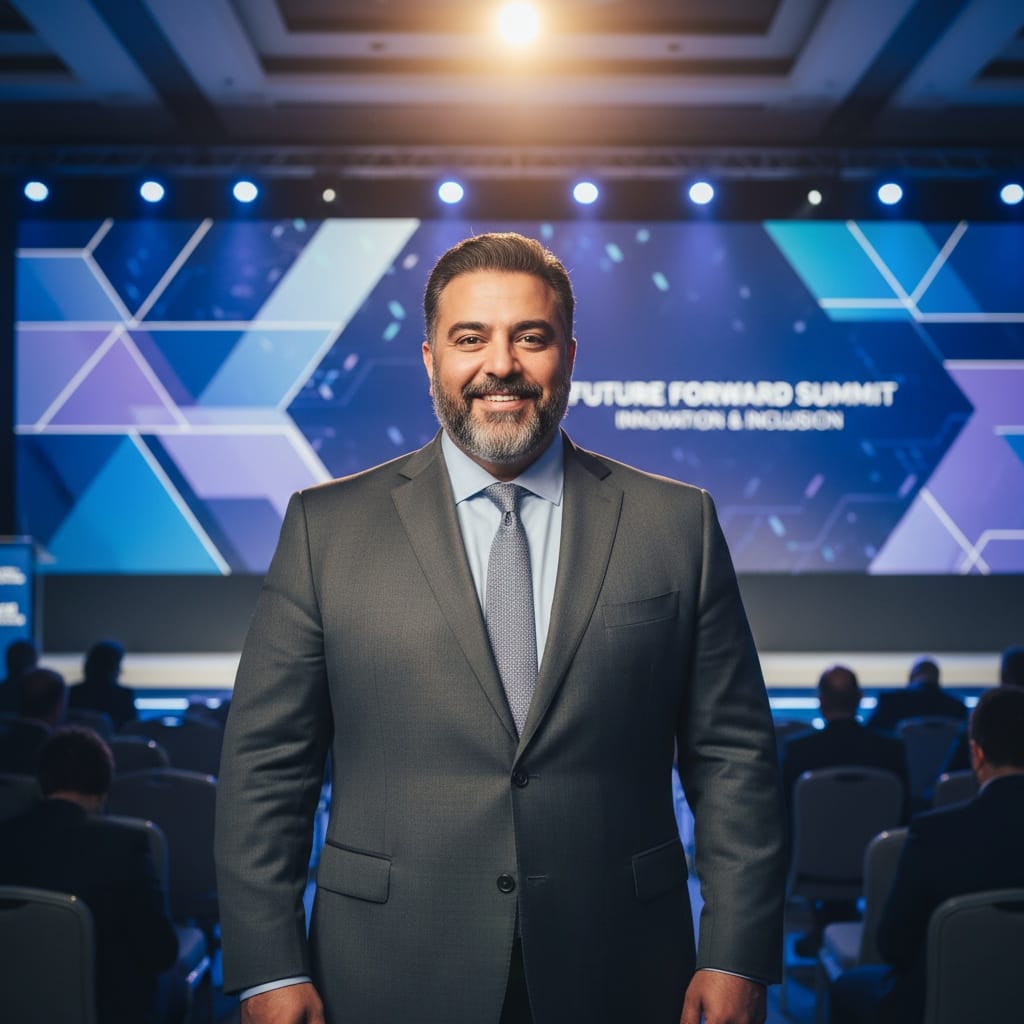 plus_size middle_eastern man keynote speaker on stage 82131843