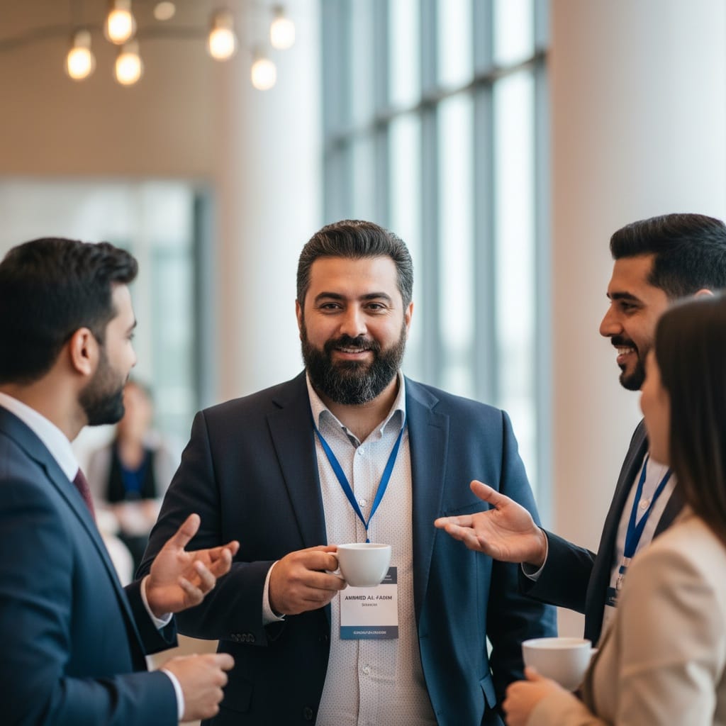 plus_size middle_eastern man networking conversation standing 83119671