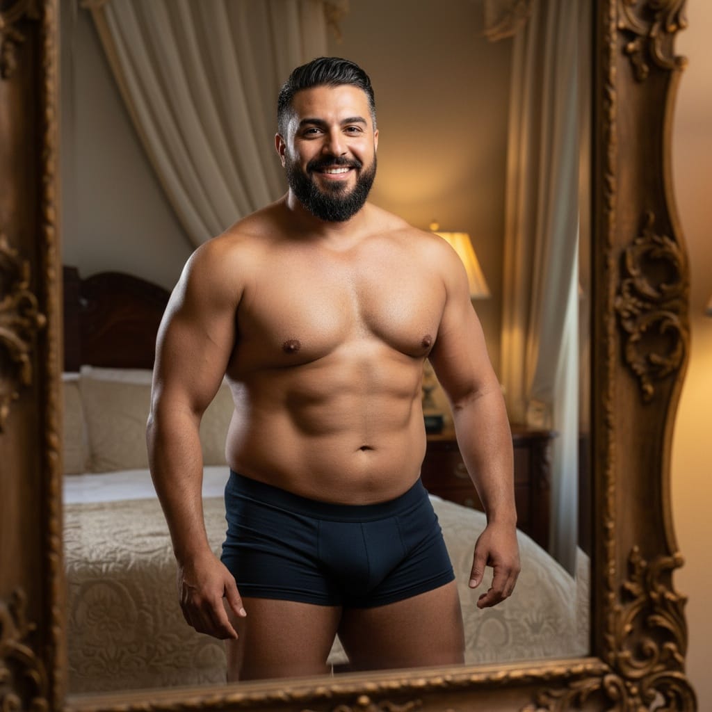 plus_size middle_eastern man standing mirror reflection 89715993