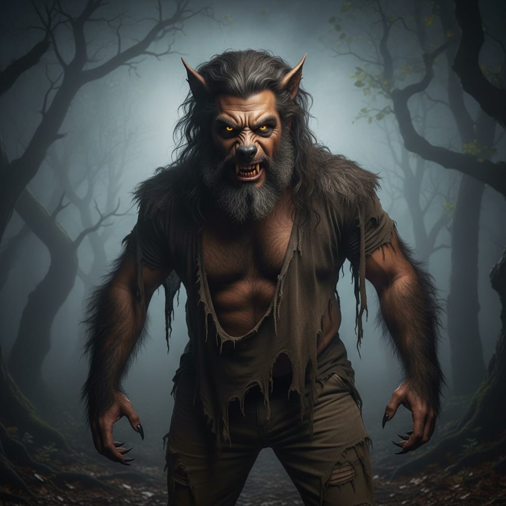 plus_size middle_eastern man werewolf forest dramatic 61135440