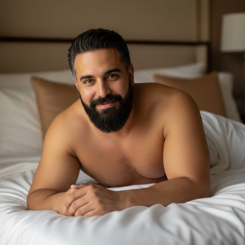 plus_size middle_eastern man white sheets bed intimate 84652432
