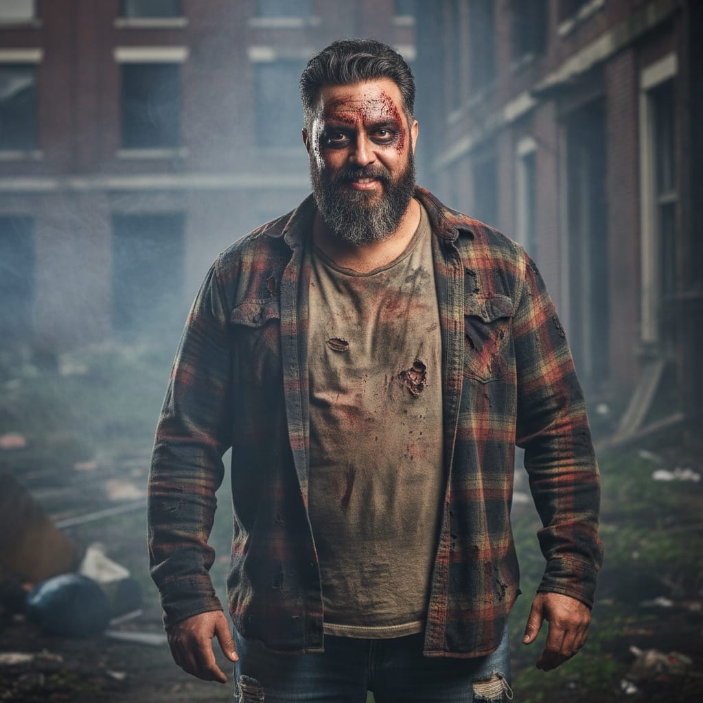 plus_size middle_eastern man zombie apocalypse survivor 93048977