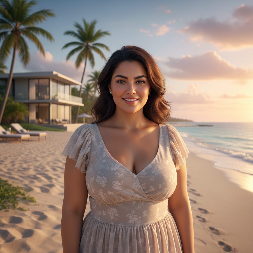 plus_size middle_eastern woman beachfront exterior golden hour 50056020