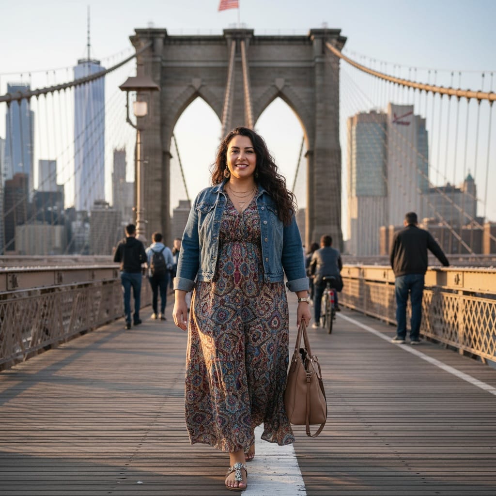 plus_size middle_eastern woman brooklyn bridge walkway 44304330