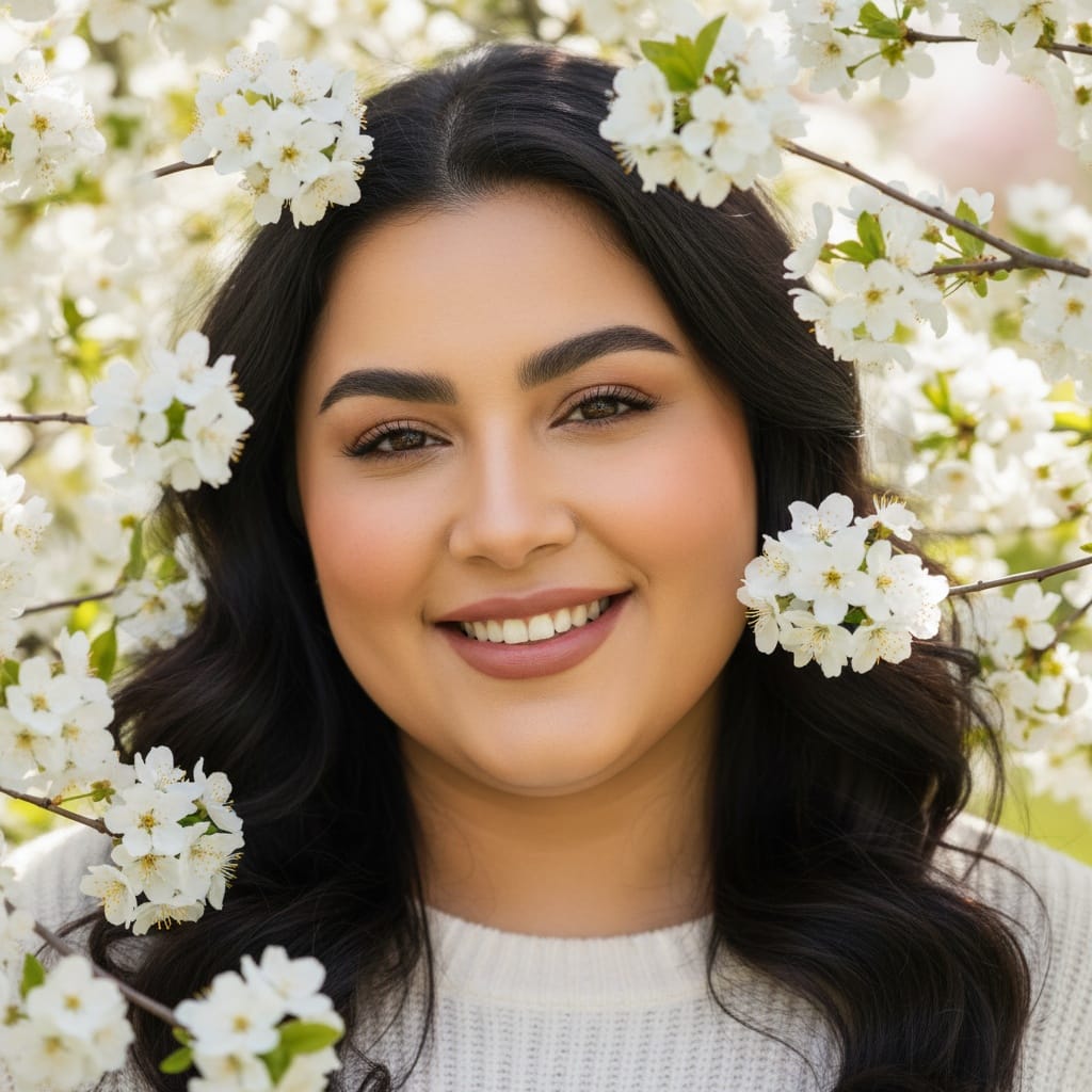 plus_size middle_eastern woman close up blossom framing 88394332