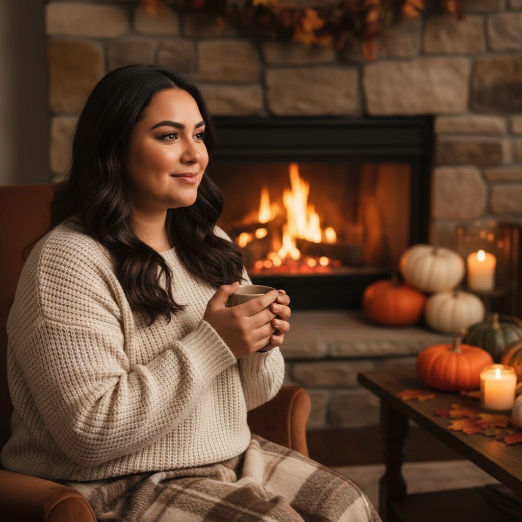 plus_size middle_eastern woman cozy fireplace thanksgiving 33514462