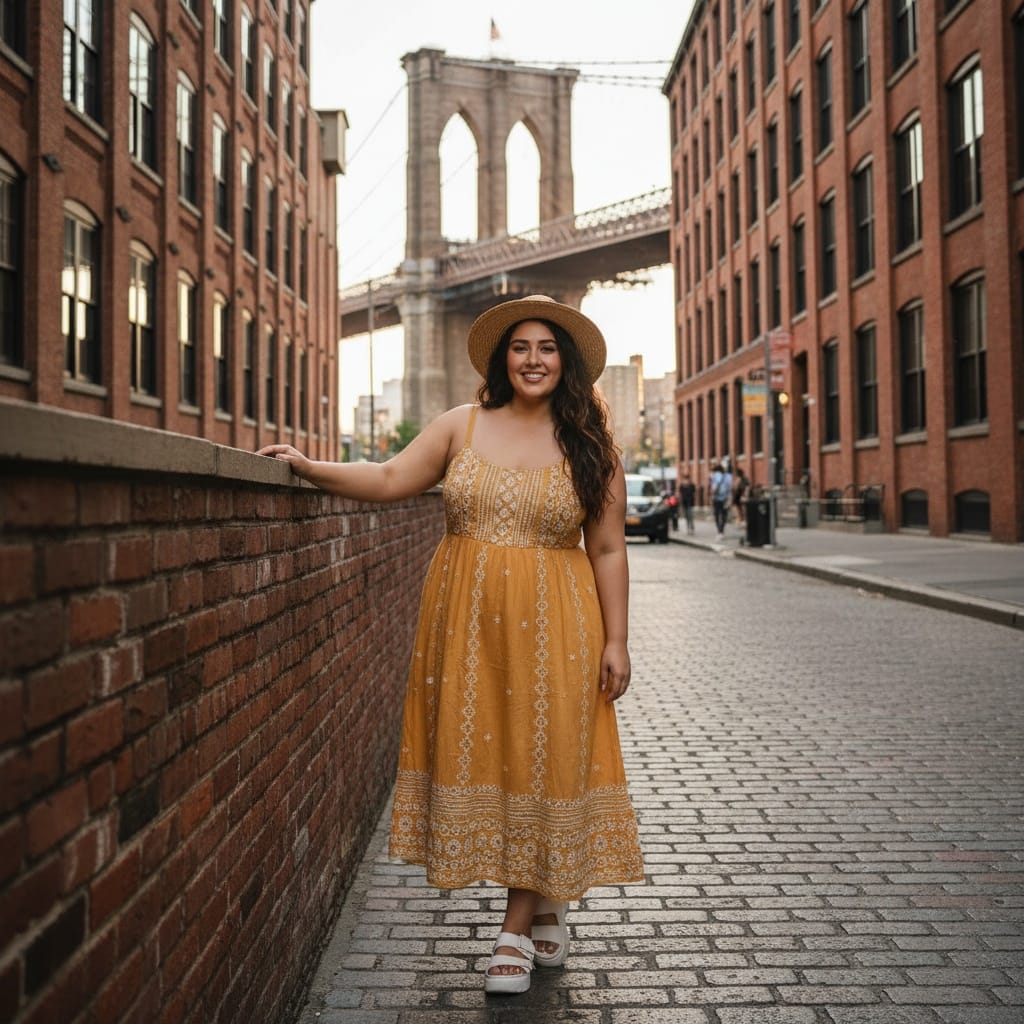 plus_size middle_eastern woman dumbo brooklyn bridge view 73098801