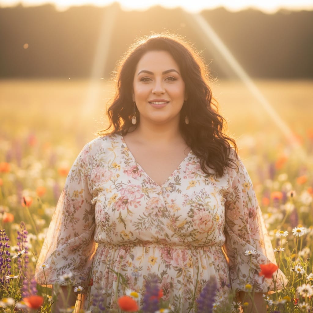 plus_size middle_eastern woman golden hour meadow portrait 85251549