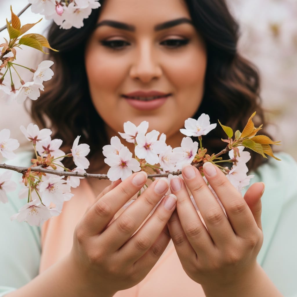 plus_size middle_eastern woman hands touching blossoms 31391807