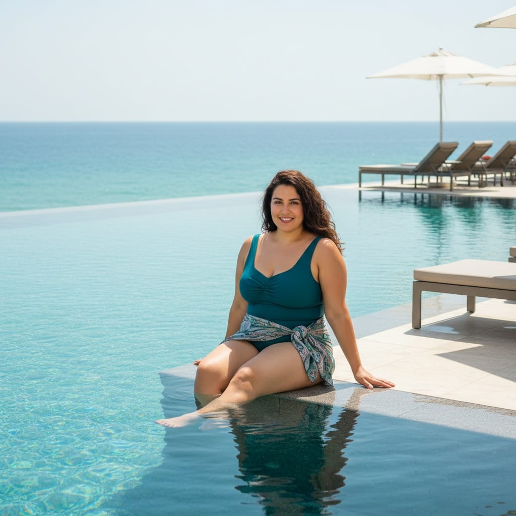 plus_size middle_eastern woman infinity pool paradise 89700758