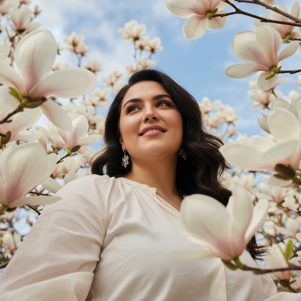 plus_size middle_eastern woman magnolia tree upward angle 83731237