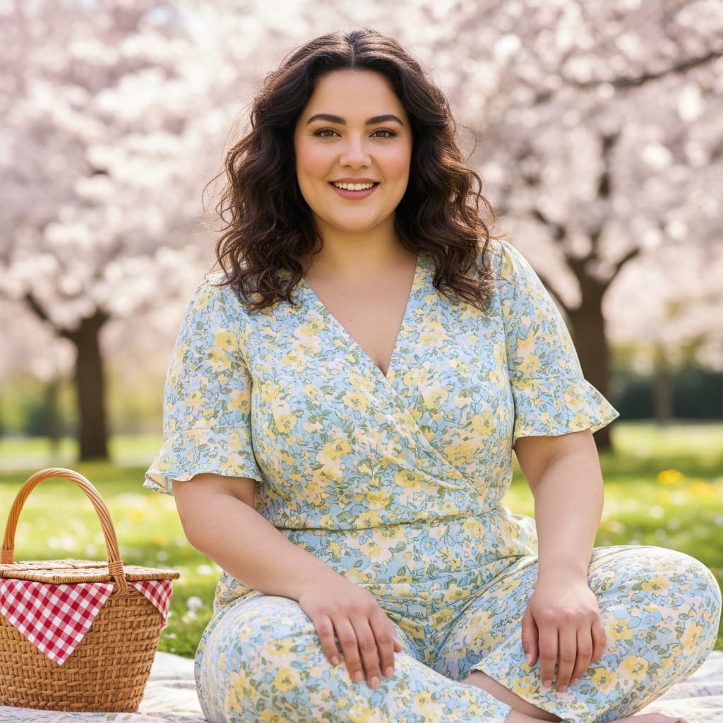 plus_size middle_eastern woman picnic blanket spring scene 97079232