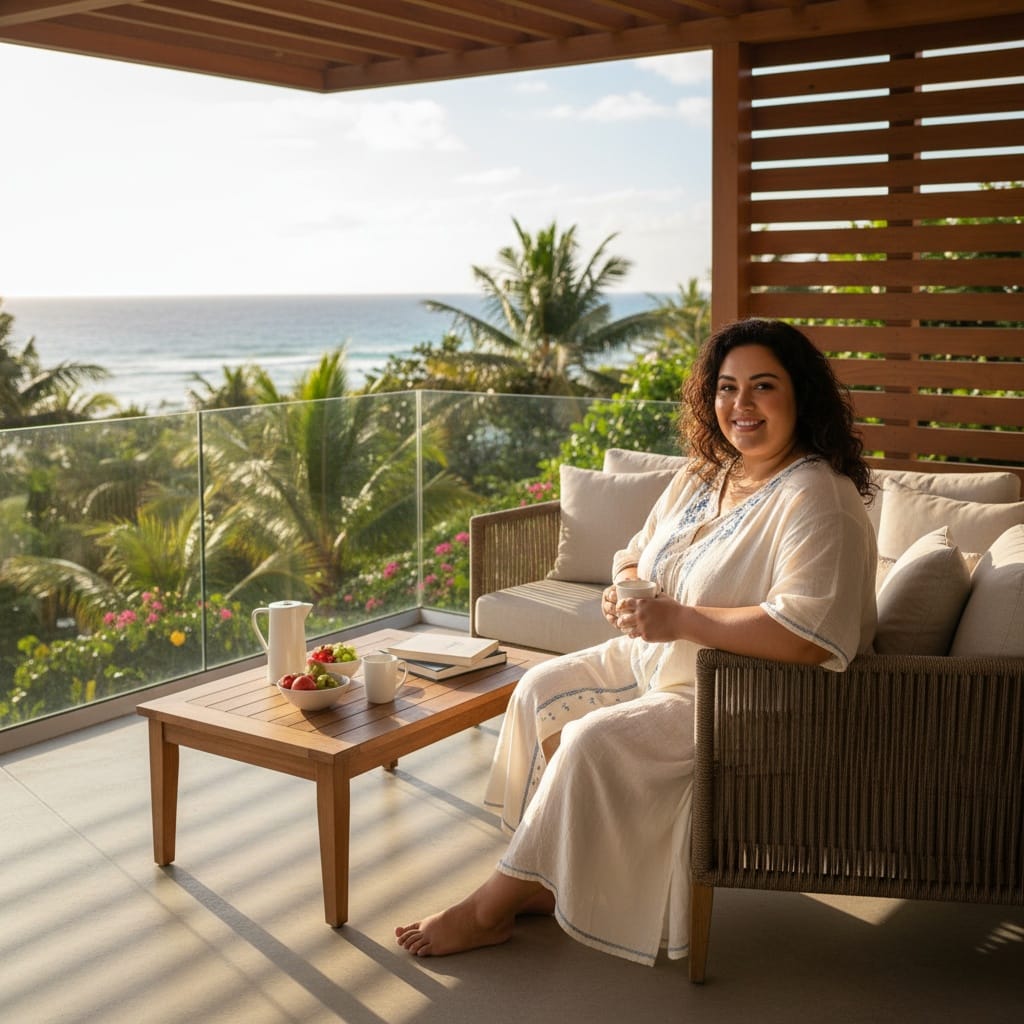 plus_size middle_eastern woman private balcony morning 82842950