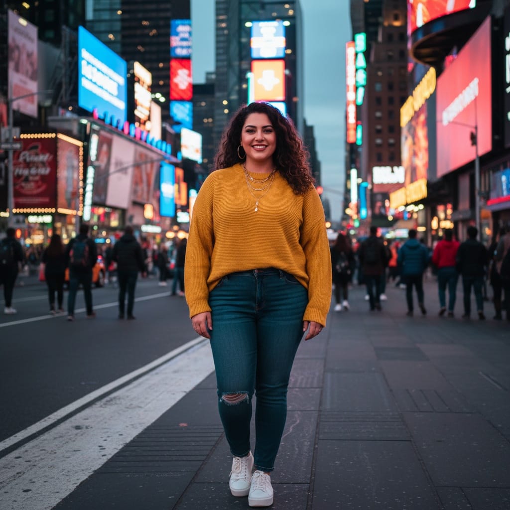 plus_size middle_eastern woman times square neon lights 43615313