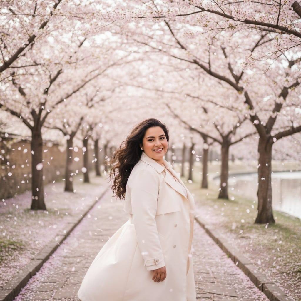 plus_size middle_eastern woman walking blossom pathway 92523655