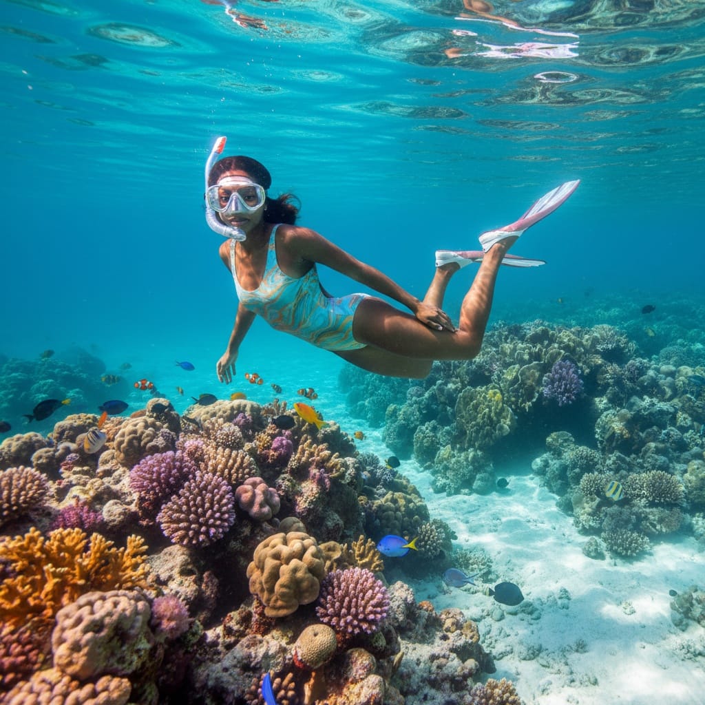 slim black woman underwater snorkeling crystal waters 50786051