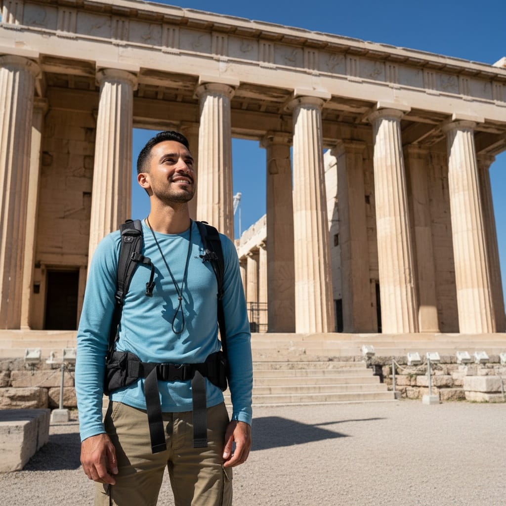 slim middle_eastern man acropolis entrance propylaea 32313168