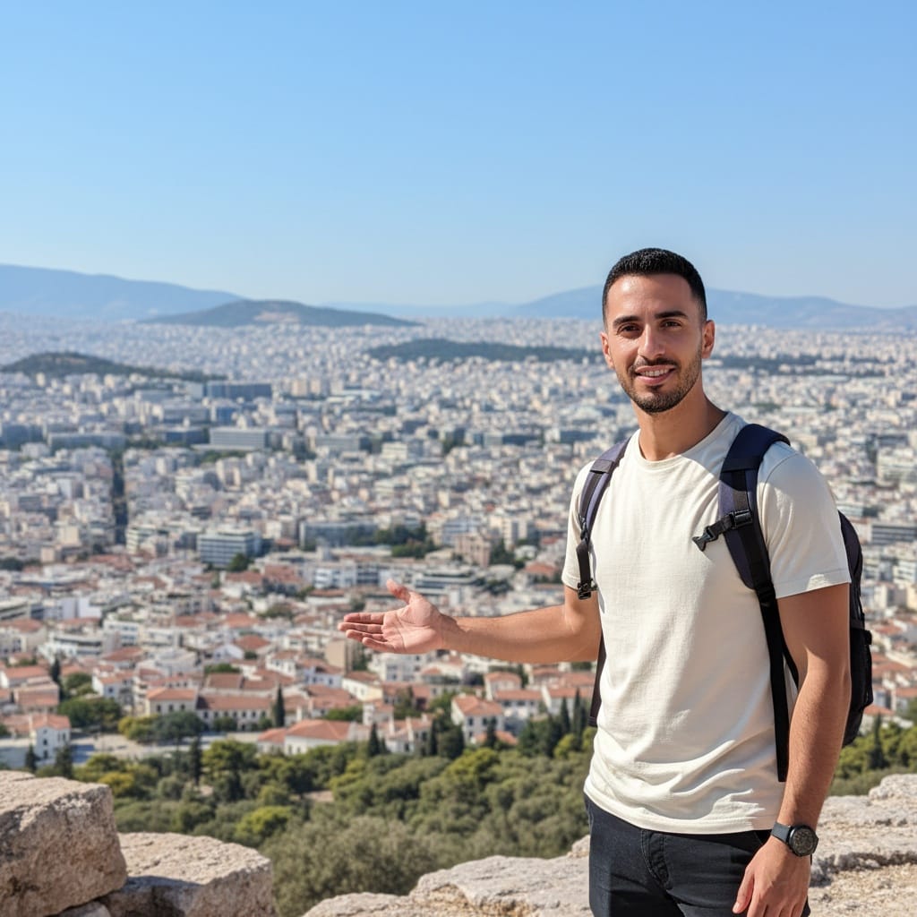 slim middle_eastern man acropolis overlook city view 31709941