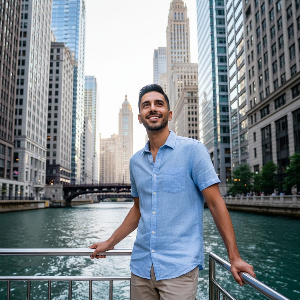 slim middle_eastern man architecture tour boat perspective 46270280