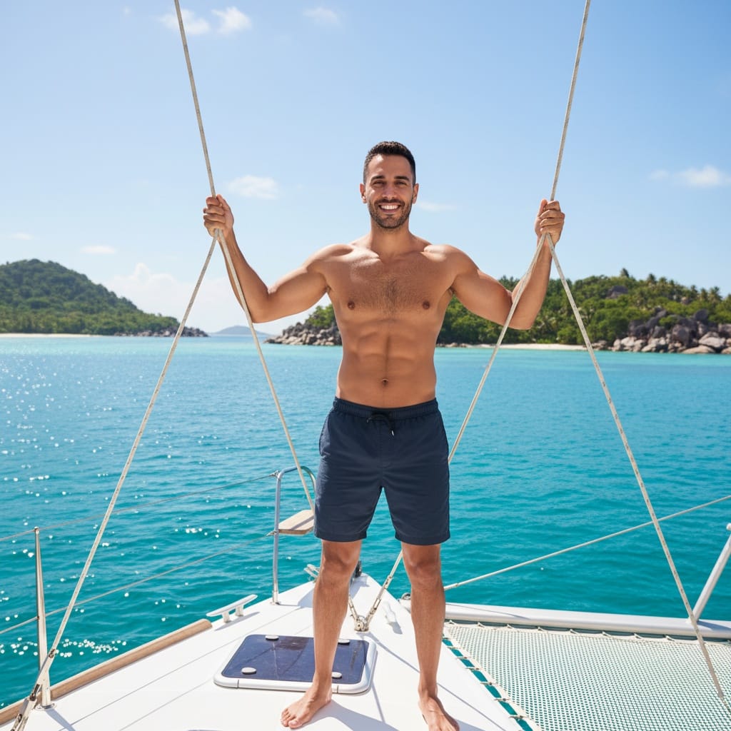 slim middle_eastern man catamaran sailing luxury yacht 27743014